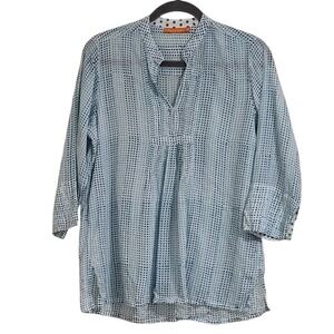 Oliphant Tunic Blouse Womens Medium Blue White Geometric Cotton 3/4 Sleeve Split